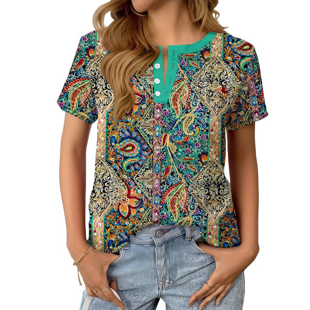 Modieuze Casual Dames Zomer Top met Retro Print, V-hals, Knopen en Korte Mouwen
