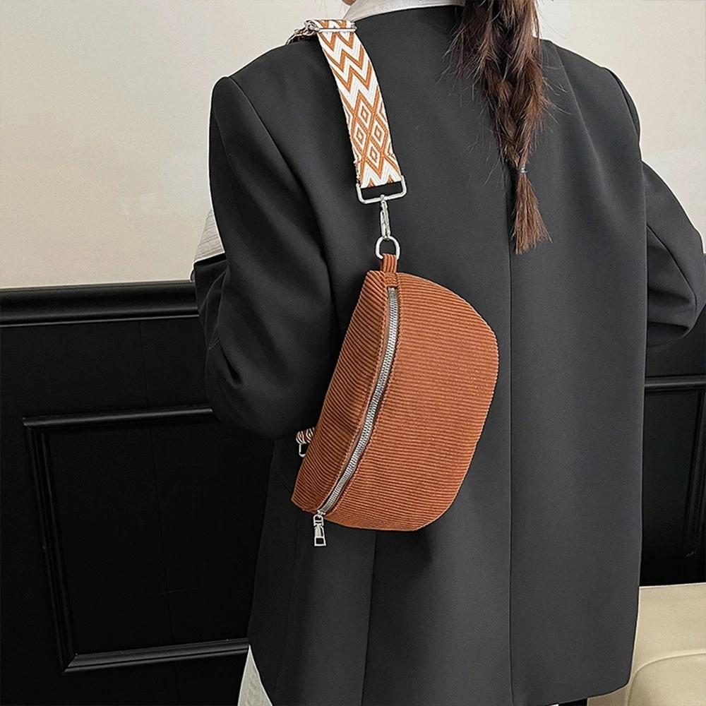 Fashion Corduroy Waist Bag Multi-pockets Zipper Crossbody Bags Wide Guitar Strap Shoulder Bags Outdoor