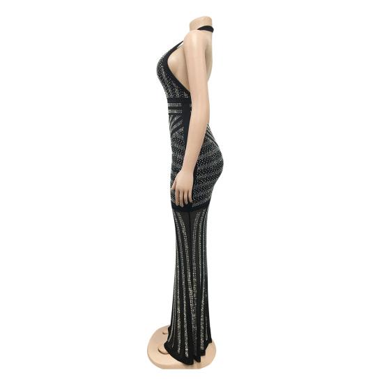 Abito da sera da donna, scollo a V profondo, scollo all'americana, a righe, con decorazioni in strass scintillanti, senza schienale, spalle scoperte, cocktail party, ballo di fine anno, abito lungo