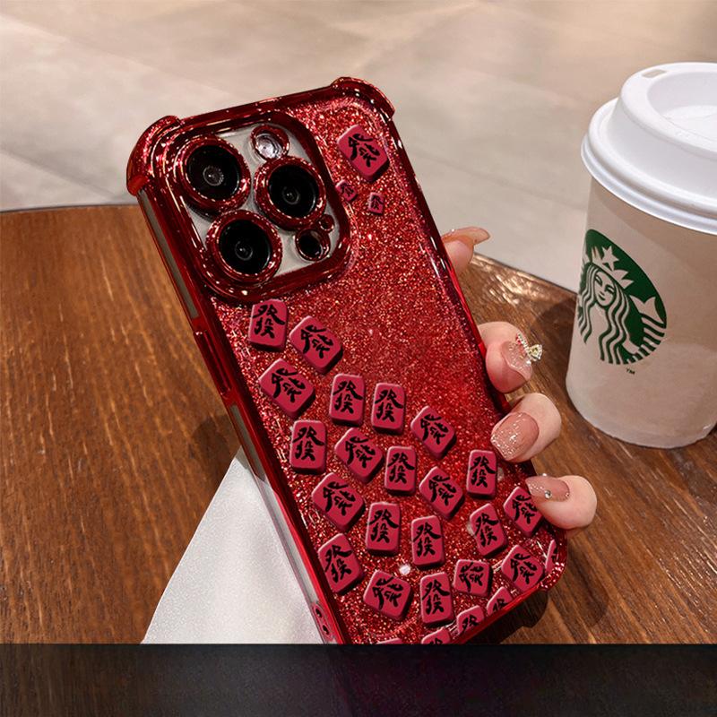 

Маджонг Волосы Вращающийся Кронштейн Подходит для Apple 16pro Чехол для мобильного телефона на Новый год 15 Гальванизированные Четыре Угла Защита от падения 14/13 Силикон Redmi NOTE13 Pro