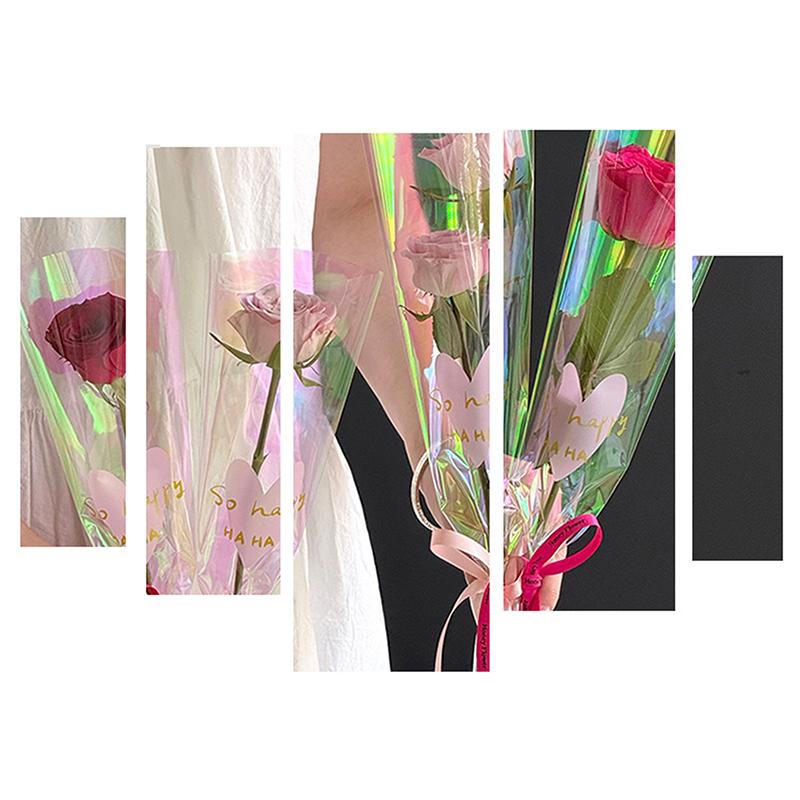 30PCS Love Heart Iridescent Single Rose Sleeves DIY Transparent Flower Wrapping Bag Floral Material Packaging Waterproof