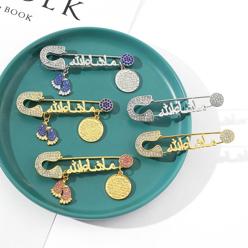 Muslim Islam Arabic Four Korah Sutra Fatima Turkey Evil Eye Stainless Steel Brooch Pins Religious Style Amulet Jewelry