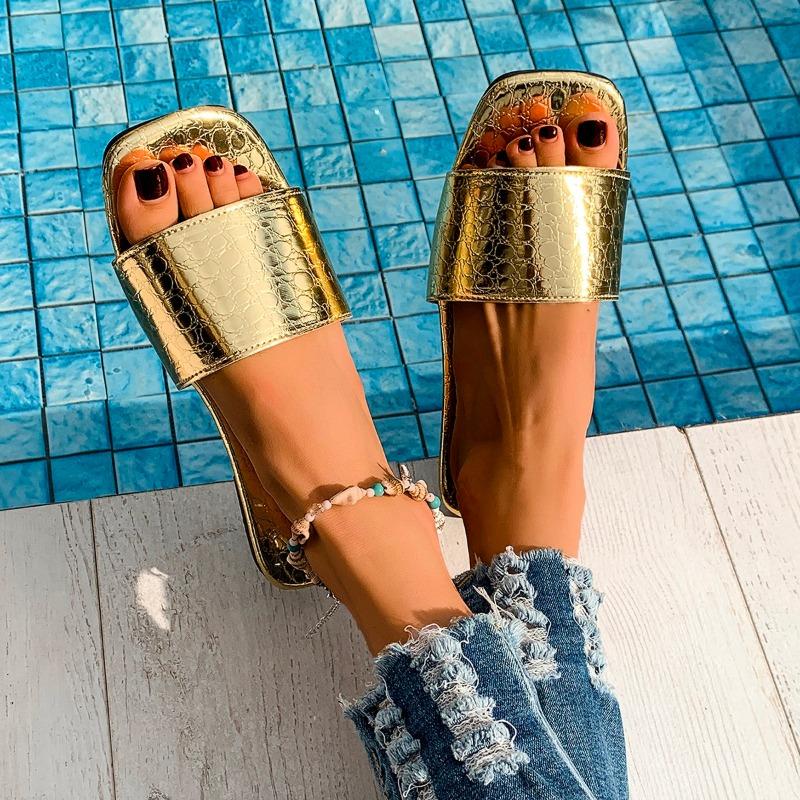 Fashion Women's Fashion Flat Sandals Summer New Square Head Open Toe Soft Sole Anti-slip Wear-resistant Slippers