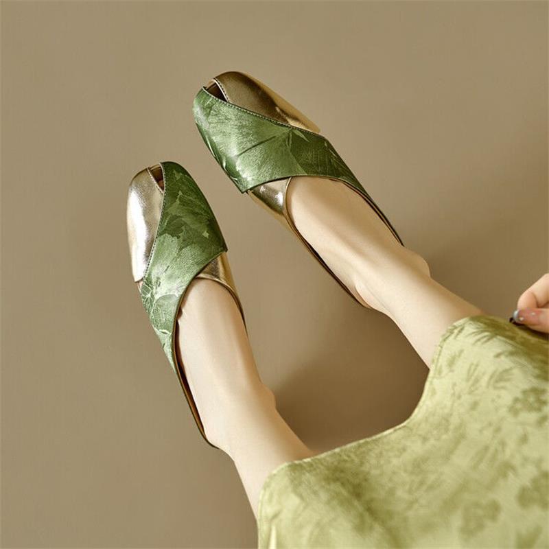 French Baotou Half-drag Women's Summer Soft Leather National Style Printing Color Matching Square Head Hollow Flat Bottom Lazy Muller Cool Slippers