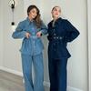 Denim Pants Set Women Belt Lapel Buttons Shirt High Waist Wide Leg Trousers Sets Lady Vintage Single Breasted Top Suit Female