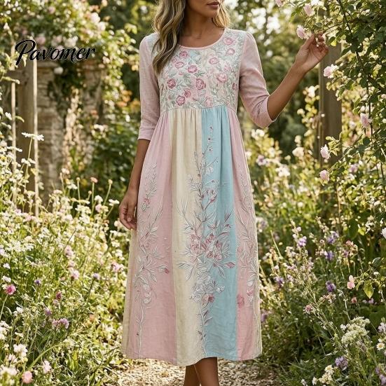 Fashionable Vacation Dresses for Ladies Long Sleeve Floral Dress, Women Cottagecore Waist Cinching Casual Autumn with Sleeves Midi Dress Street Party