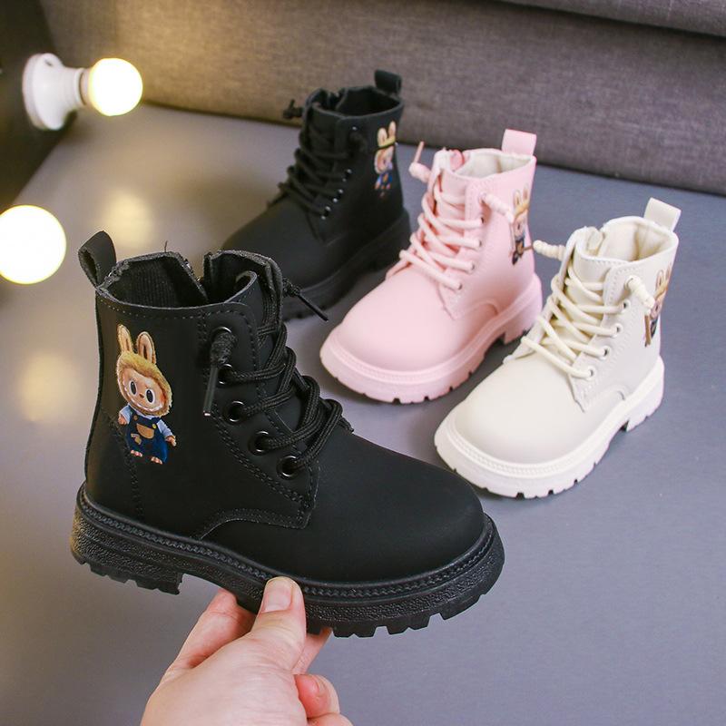 Girls' Cartoon Fashion Short Boots for Small and Medium-sized Children, Autumn and Winter British Style Boys' Velvet and Cotton Leather Boots