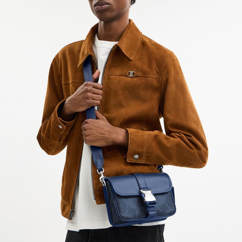 Coach 19 Magnetic Snap Multifunctional Pocket, Artificial Leather and Cowhide Leather, Crossbody Bag, Small Size, Women's Blue