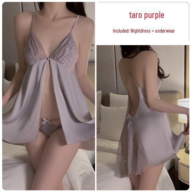 

Guiruo Сексуальная Глубокий V-образный вырез на спине Ледяной Шелковый Ночная Рубашка с Разрезом - Женский Удобный Домашний Костюм L (nightdress + underwear)