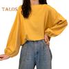 Women T-shirt Round Neck Lantern Long Sleeve Elastic Cuffs Tee Shirt Solid Color Loose Fit Pullover Tops Daily Wear