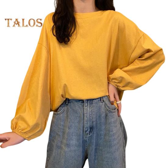Women T-shirt Round Neck Lantern Long Sleeve Elastic Cuffs Tee Shirt Solid Color Loose Fit Pullover Tops Daily Wear