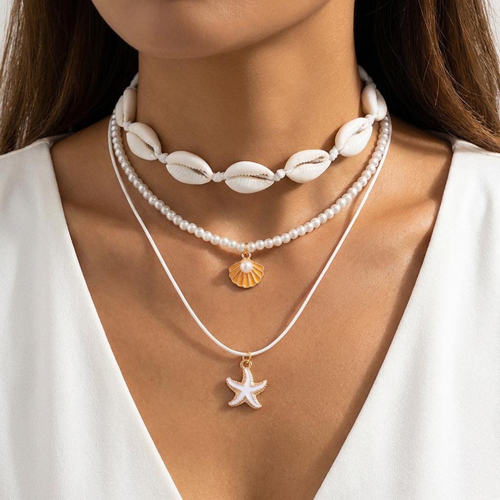 Bohemian Multilayer Shell Starfish Pendant Necklace for Women Imitation Pearl Conch Layered Chain Choker Beach Party Jewelry