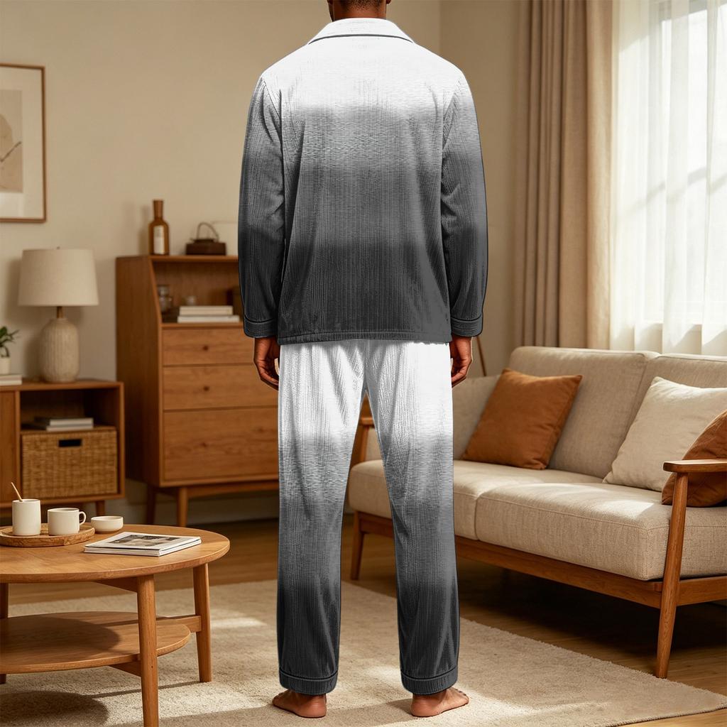 Men's Casual Pajama Set with Loose Fit Corduroy Pants and Printed Long Sleeve Lapel Collar Button-Front Top