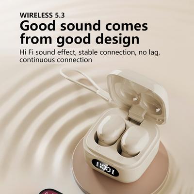 Kleine, draagbare, onzichtbare oordopjes met draagkoord, draadloze Bluetooth-koptelefoon met batterij-indicator en ruisonderdrukking.
