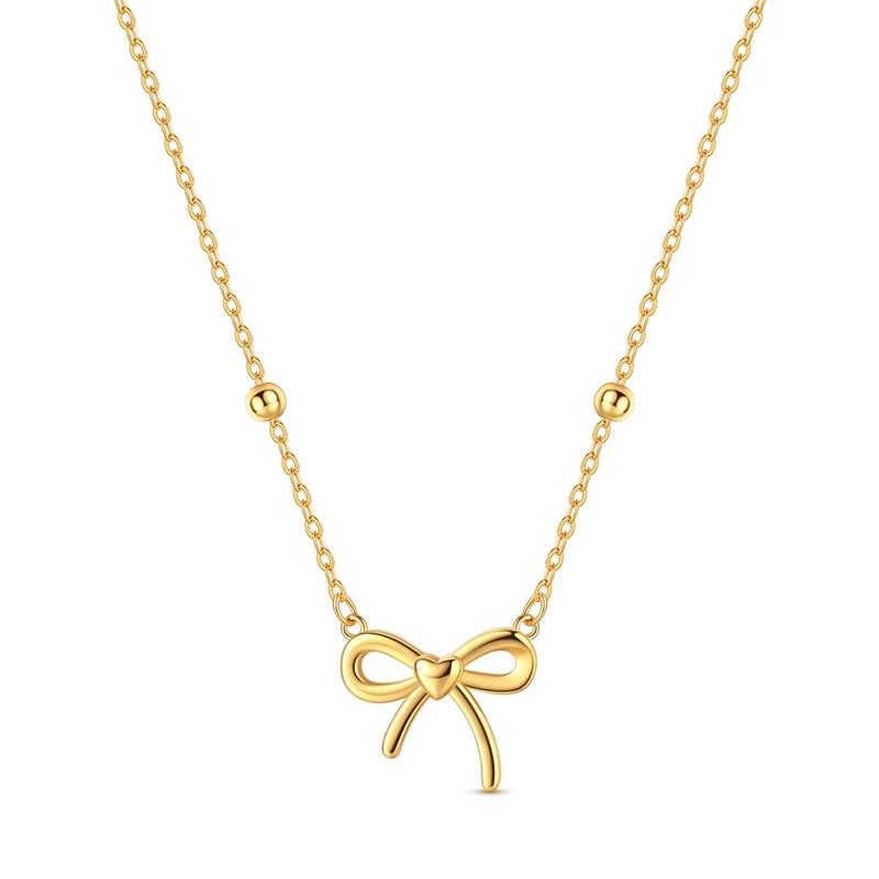 

925 Sterling Silver Golden Bowknot Heart Pendant Necklace Thin Chain Sweet Fashion Jewelry Gift for Women