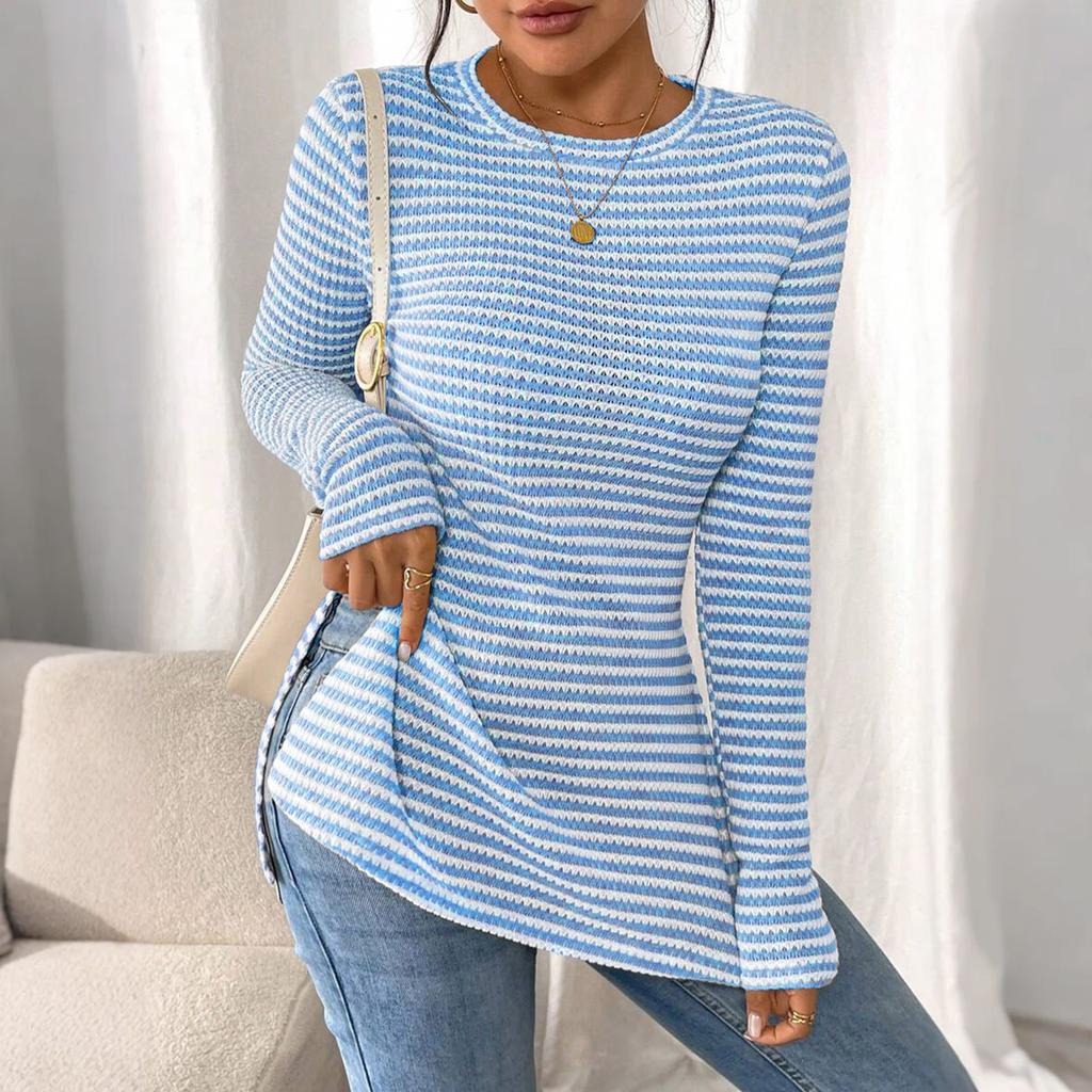 Women's Fashion Round Neck Slit Long Sleeve Color Top