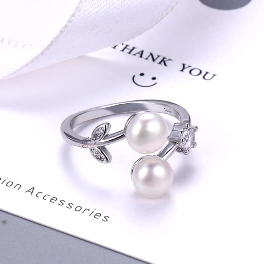 Leaf Natural Genuine Pearl Pearl Bride Cubic Zirconia Ring Ring Large 7mm Freshwater Pearl Single 925 Silver White 5ACZ Diamond Birthday Present Gift