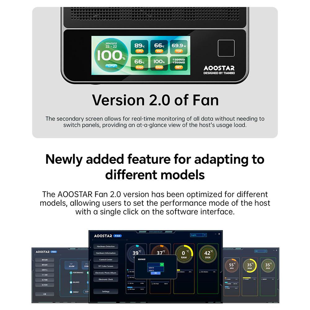 Mini PC AOOSTAR GEM12+ Pro cu Display, Deblocare prin Amprentă, AMD Ryzen 7 Pro 8845HS 8 Nuclee Max 5.1GHz,