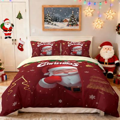 3pcs Cartoon Santa Claus Red Printed Coreless Duvet Cover Set Multi Size Bedroom Bedding Holiday Decoration Machine Washable