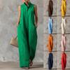 Sleeveless Linen Jumpsuit for Women Stand Collar Button Front Loose Fit Wide Leg Pants Casual Vacation Wear