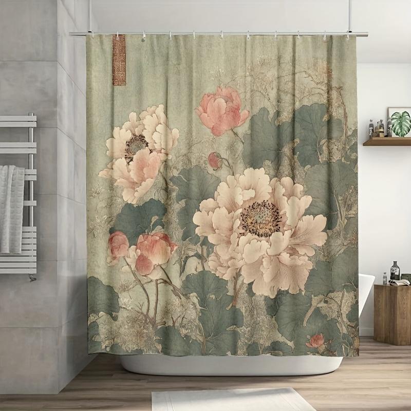

1pc Elegant Chinese Peony & Lotus Shower Curtain, Polyester, Subtle Floral Design Easy to Clean, Ideal for Bathroom Decor W90xH180cm