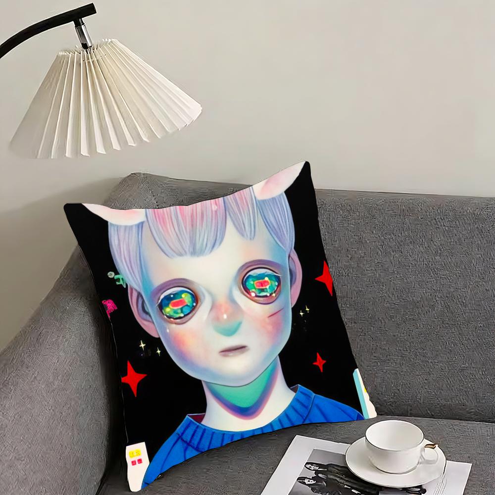 H-Hikari Shimoda IllustrationS Cushion Cover Reversible Plush Pillow Cover – For car, sofa, bedroom, perfect as a gift.