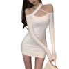 Plain Color Off Shoulder Long Sleeve Dress With High Waist For Office And Casual Wear