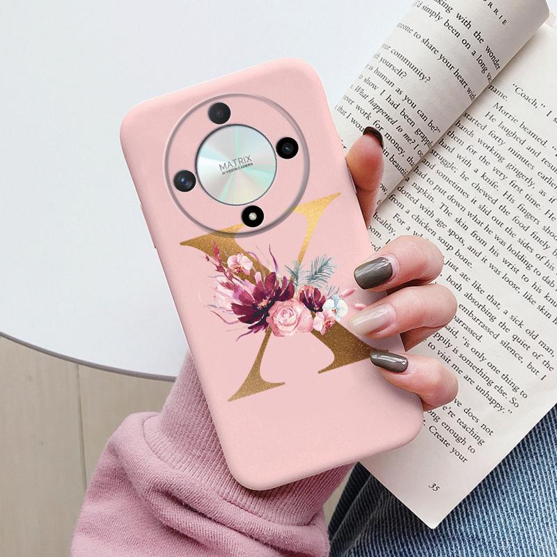 Buchstaben-Handyhülle für Honor X9b X9a Magic5 Lite Magic6 Lite 5G Hülle Retro-Blumen Rosa Schwarz Weiches TPU Initialen Silikon Fundas