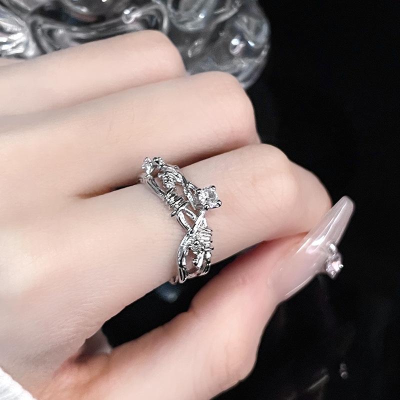 Irregular Diamond-Set Thorn Open Ring, Niche Design, Light Luxury, High-End Personality, Sweet And Cool Zircon Index Finger Ring, Female