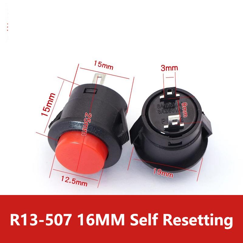 5/20PCS R13-507 Snap on Button Inching Switch 16MM Round Lockless Self Reset Switch Panel Mounting 3A125V/1.5A250VAC