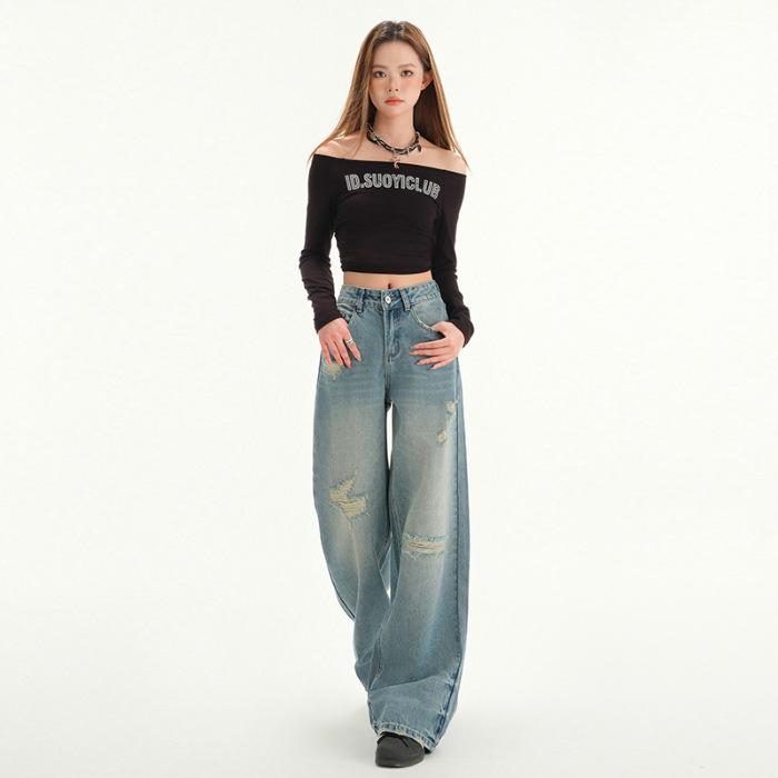 

Ретро рваные джинсы для женщин Весенние свободные узкие джинсы с высокой талией Широкие джинсы для женщин Рваные джинсы XL