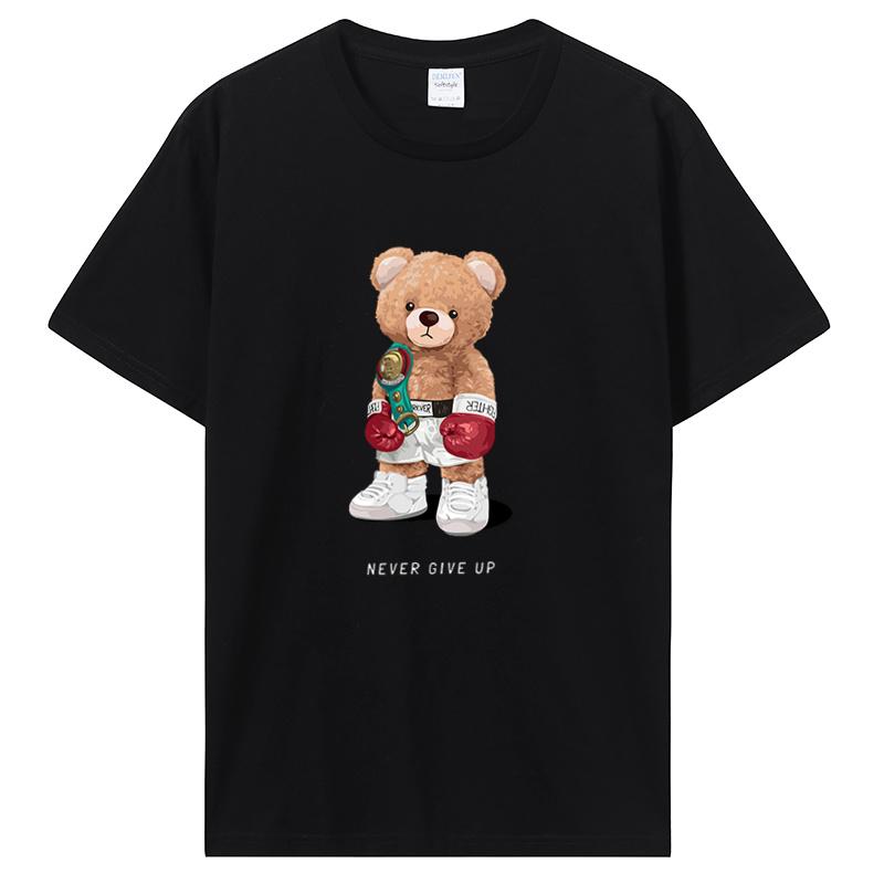 Strong Boxer Teddy Bear Never Give Up Print Men T-shirt Summer Short Sleeve Cotton Basic Tops Tees TShirt Streetwear Clothes