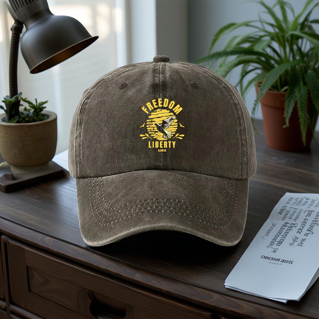 Adjustable Washed Vintage Denim Truck Driver Baseball Cap with "FREEDOM LIBERTY LIFE" Dove Print - Lightweight Casual Style, Sof