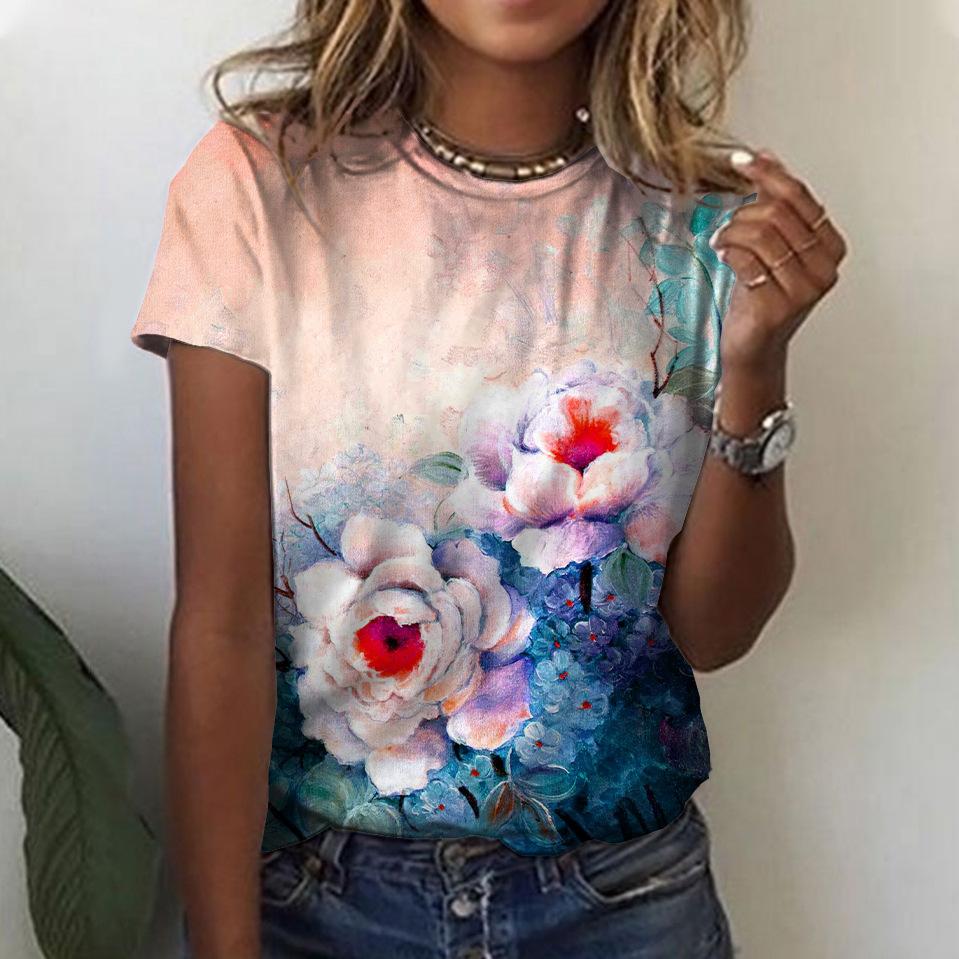 Women's Summer Loose 3D Printed Floral Round Neck Pullover Short Sleeved Top T-shirt