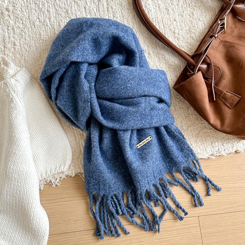 Winter Wool Scarf Women Luxury Two-Sides Cashmere Scarf Thickened Warm Shawl Classic Tassels Scarf Solid Soft Shawl