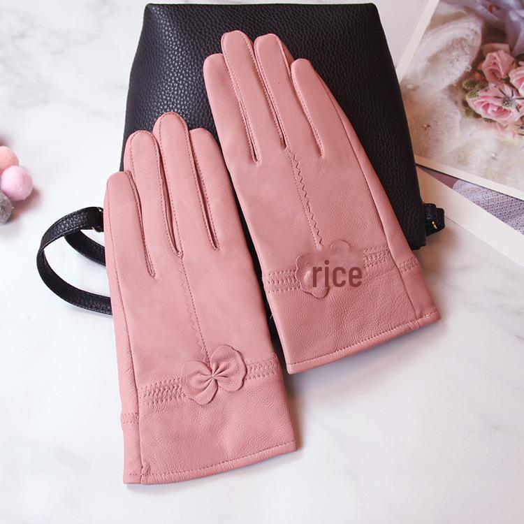 Women's Winter Bow Leather Gloves: Thick Velvet, Windproof, Waterproof, Warm Cycling Gloves