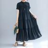 Johnature Solid Color Stand Collar Short Sleeve Button Loose Casual Long Thin Women Dresses Summer Causal Korean Dress