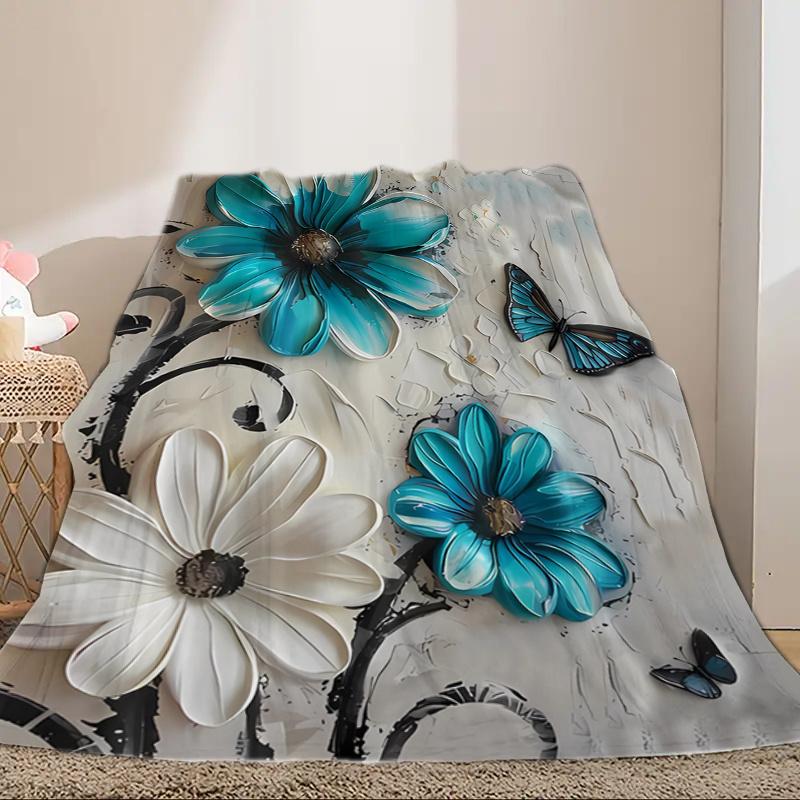 Blue Floral Flannel Blanket, Fashion Print Soft Throw, All Season Multi-Use for Sofa Office, Nap Companion Decor Gift