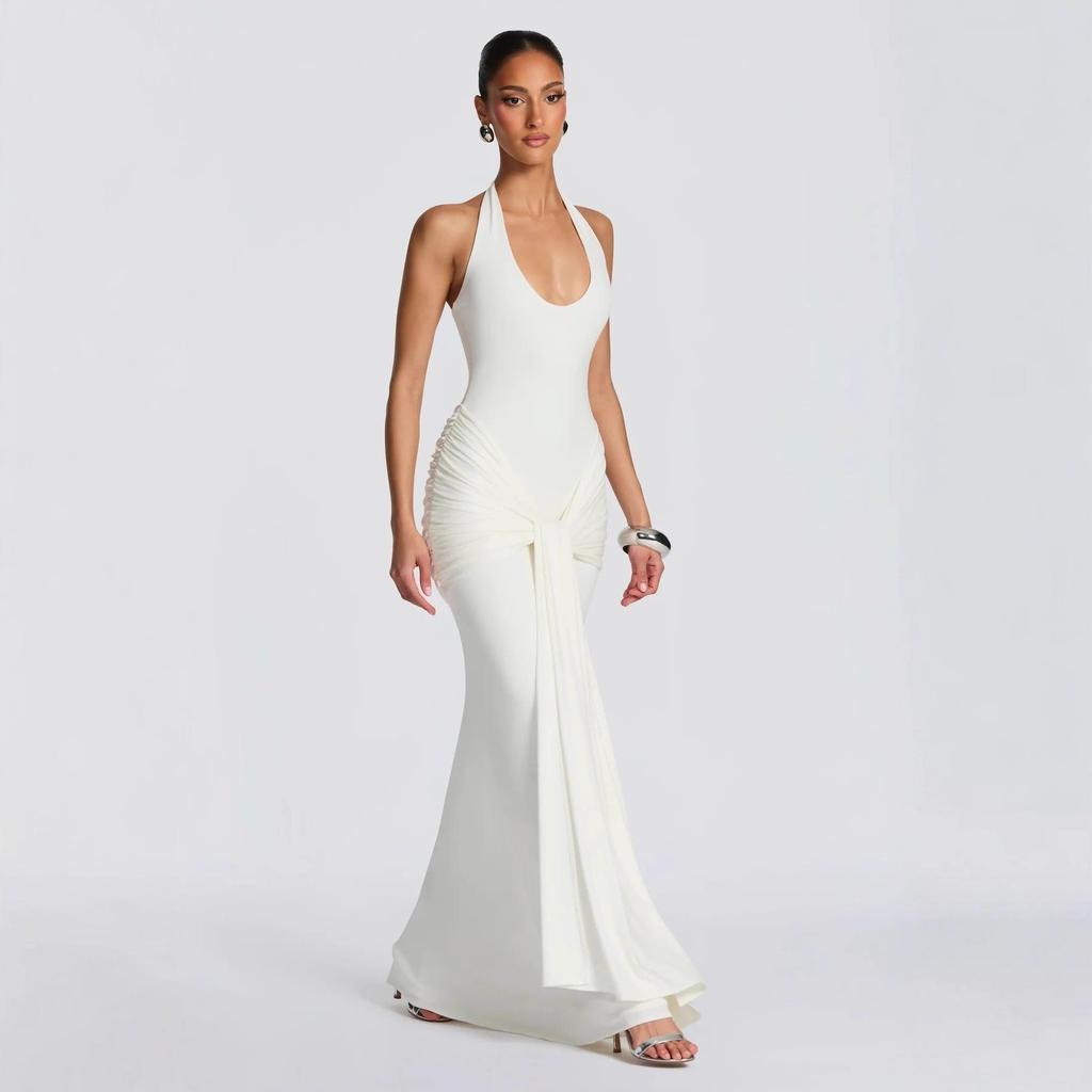 2025 Women's European & American Style Spliced Strappy Long Slim Fit Halterneck Formal Dress