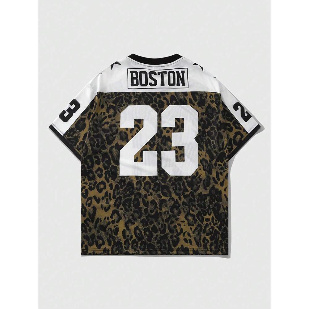 Summer Street Hip-Hop Style Sporty V-Neck Short-Sleeved Leopard Print Lettering Pattern Loose Quick-Drying Women's T-Shirt