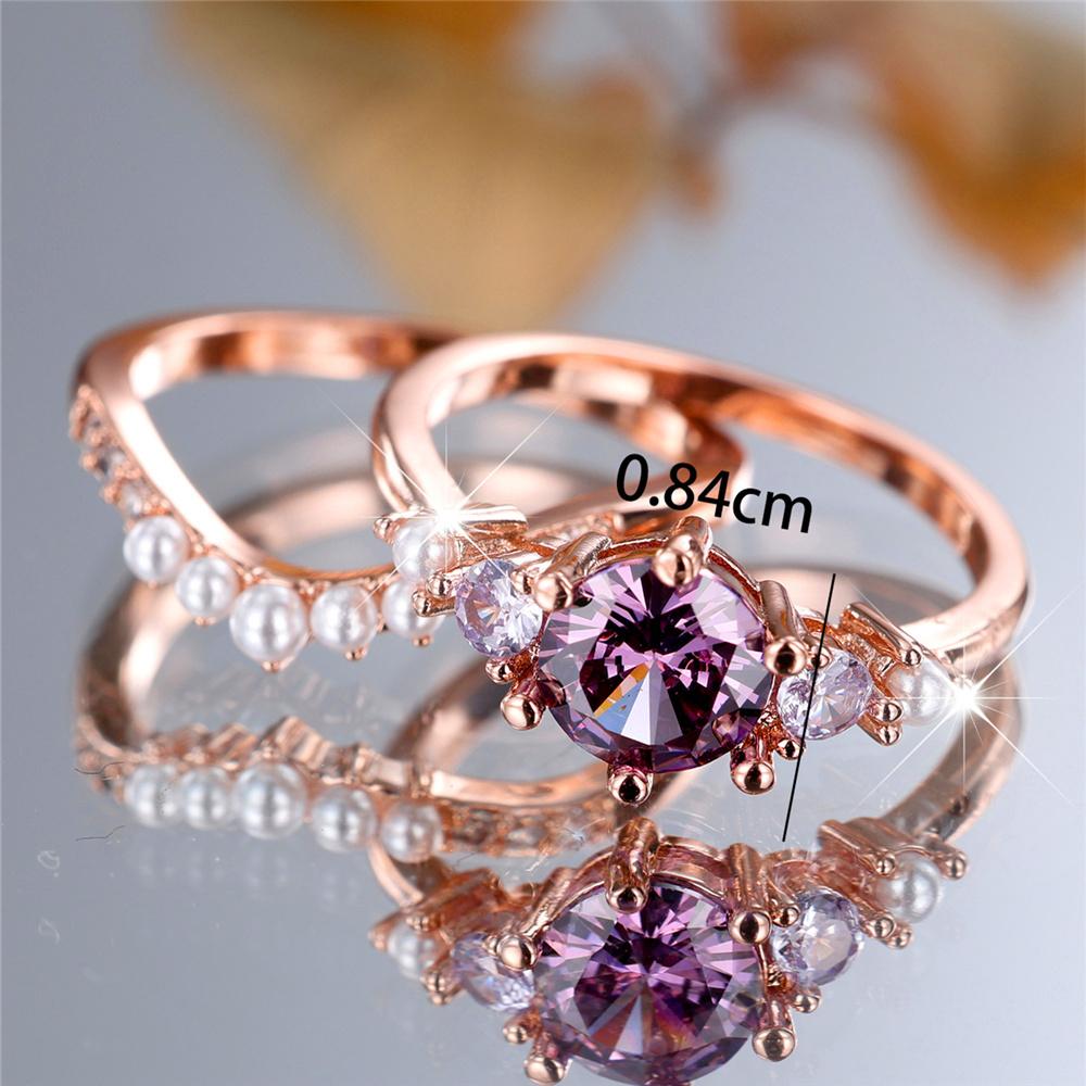 Charm Female Rose Gold Color Purple Round Zircon Stone Engagement Ring Set Vintage Bridal Wedding Bands Party Jewelry For Women