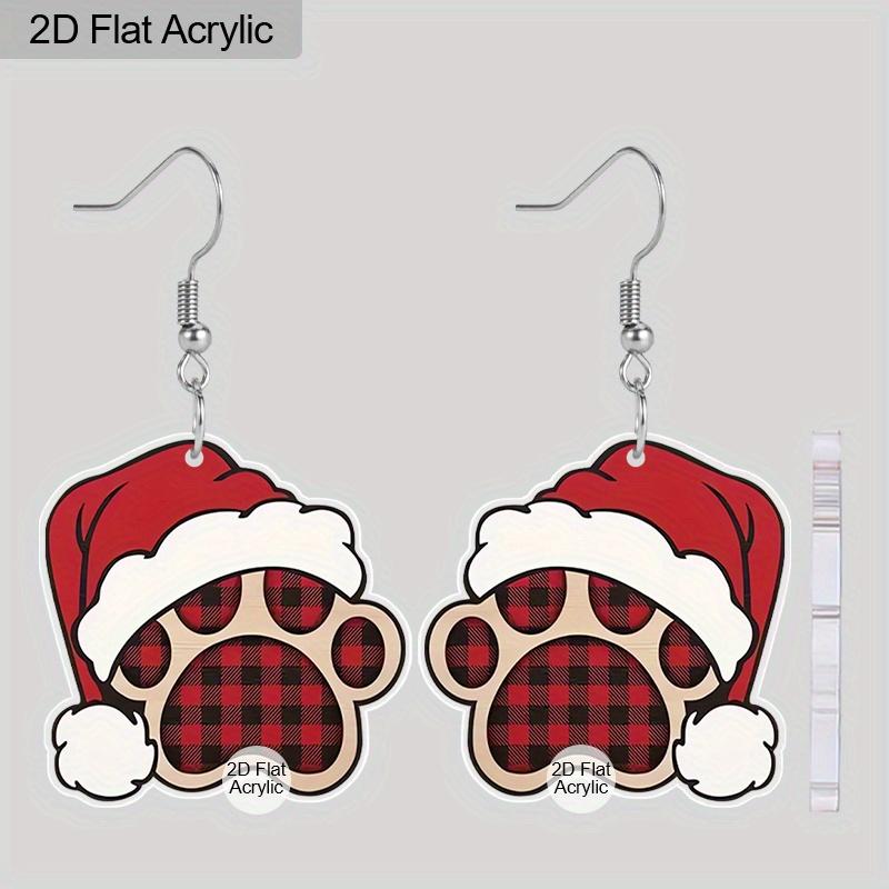 2D Flat 2pairs Y2K Christmas Hat Dog Paw Acrylic Dangle Earrings, Perfect Gift for Women, Christmas Party Jewelry