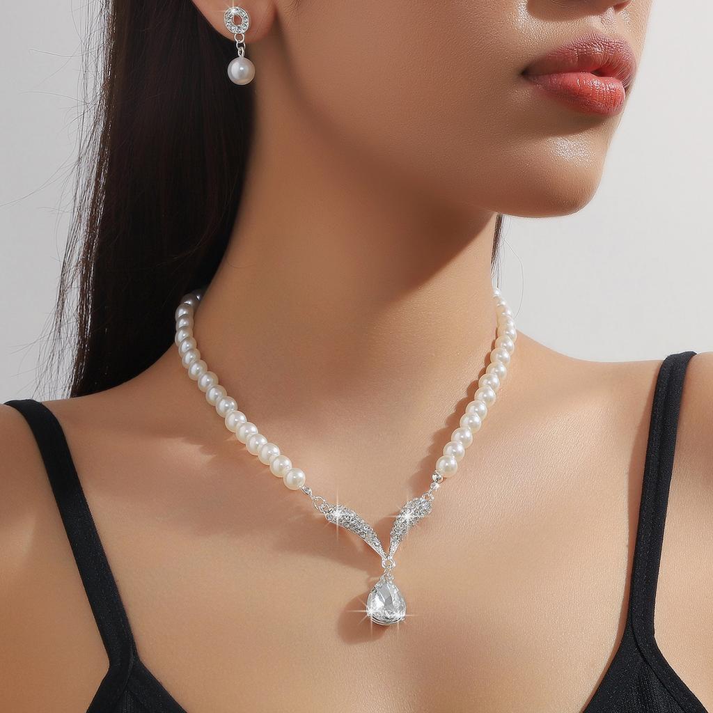 3PC Women's Fashion Trend Pearl Droplet Necklace Earrings Zircon Set Wedding Banquet Party Festival Gift