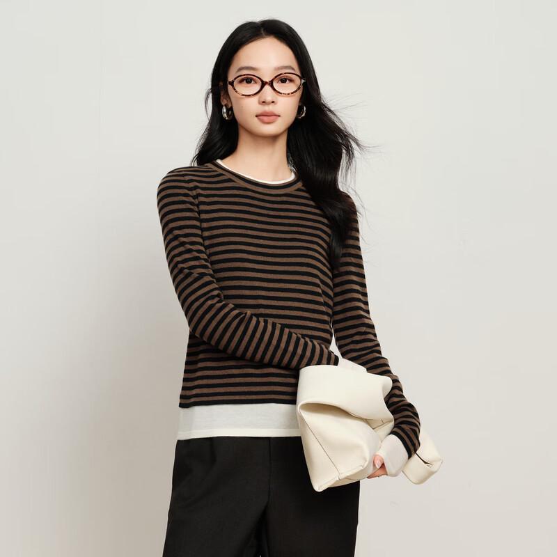 Elva' Island Women's Coffee Stripe Faux Two-Piece Knit Sweater