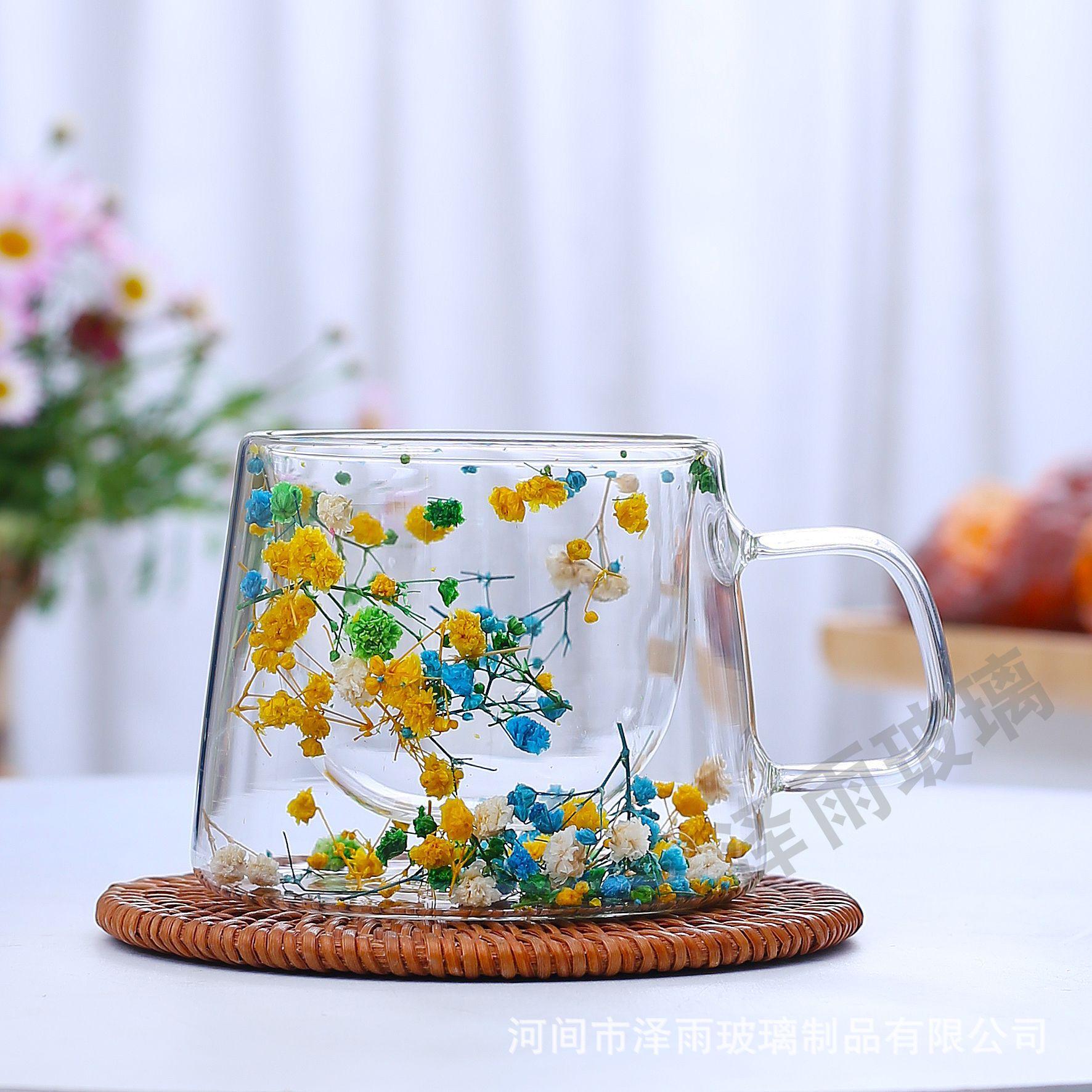 Double-layer Petal Glass Cup Quicksand Cup High Temperature Resistance Transparent Real Flower High Borosilicate Coffee Cup 200ml жёлтый