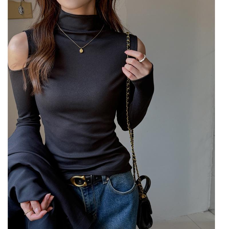 2025 Niche Solid Color Off-Shoulder Cutout Long-Sleeve Base Layer Women's Top with Half-High Neck Design