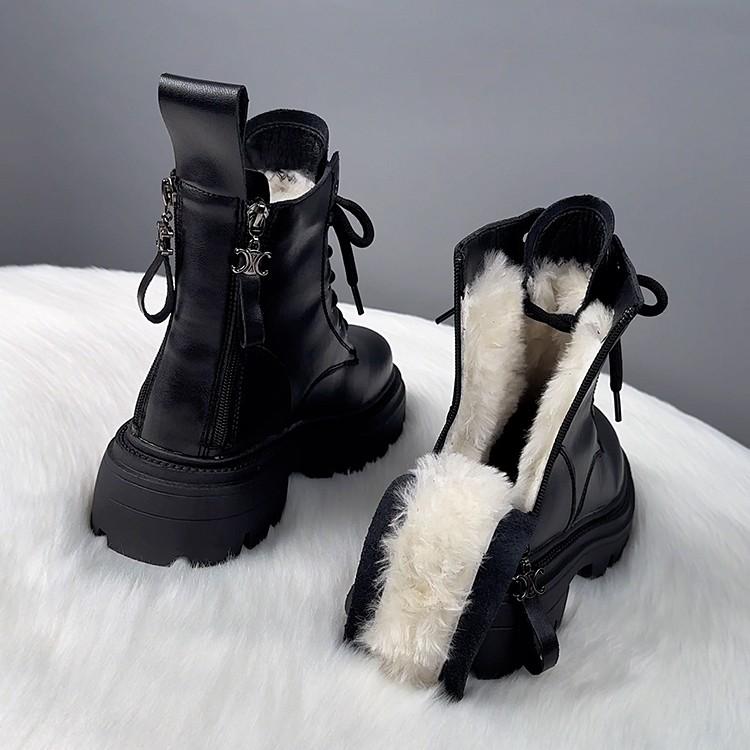 Winter Women Snow Boots Female Shoes Footwear Boots-Women Plush Round Toe Flat Heel Leather Boots