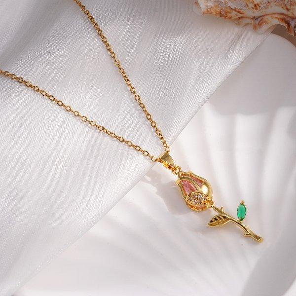 Elegant Enamel Tulip Flower Pendant Necklace for Women Girl Green Leaf Necklace Choker Party Jewelry Gift