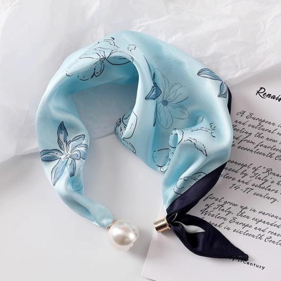 Women Silk Scarf Striped Leopard Dot Print Silk Scarf Necklace with Faux Pearl Magnetic Buttons Formal Wear Accessories