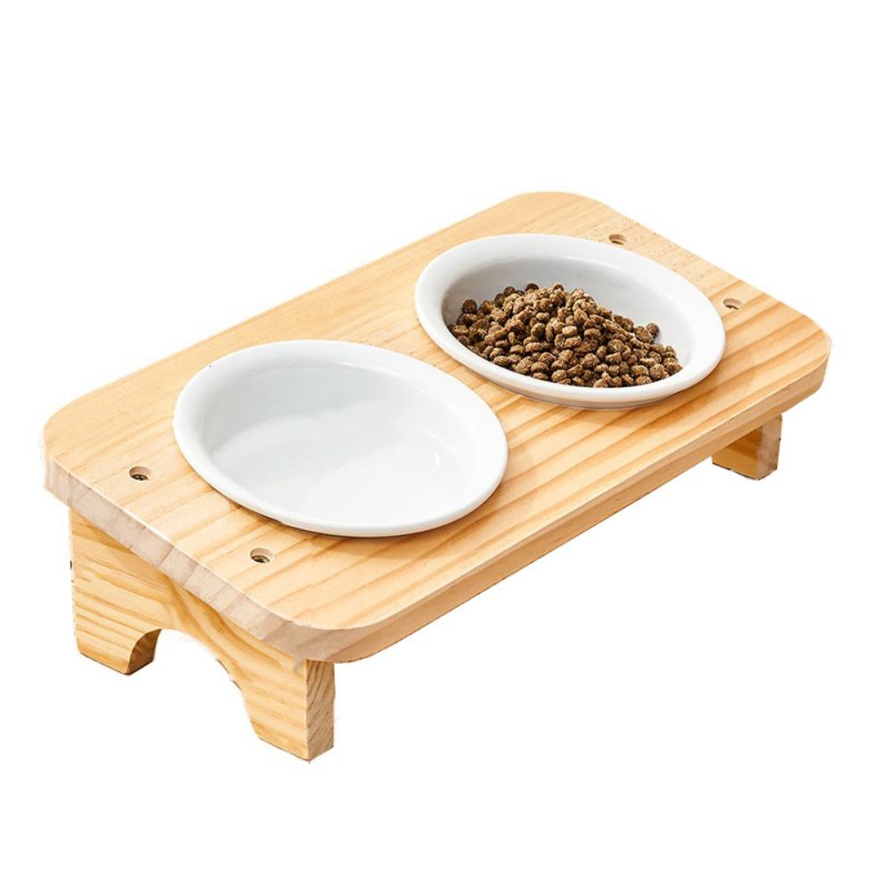 Protect Cervical Spine Elevated Pet Feeder with Wood Stand Tilted Cat Dish Ceramic Cats Bowl  Water
